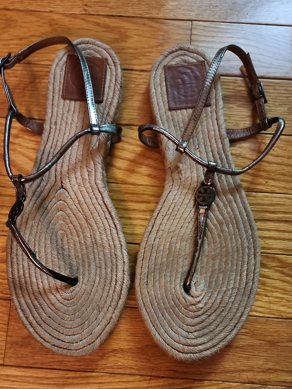 Tory Burch Thora Metallic Pewter T-Strap Flat Espadrille Sandals